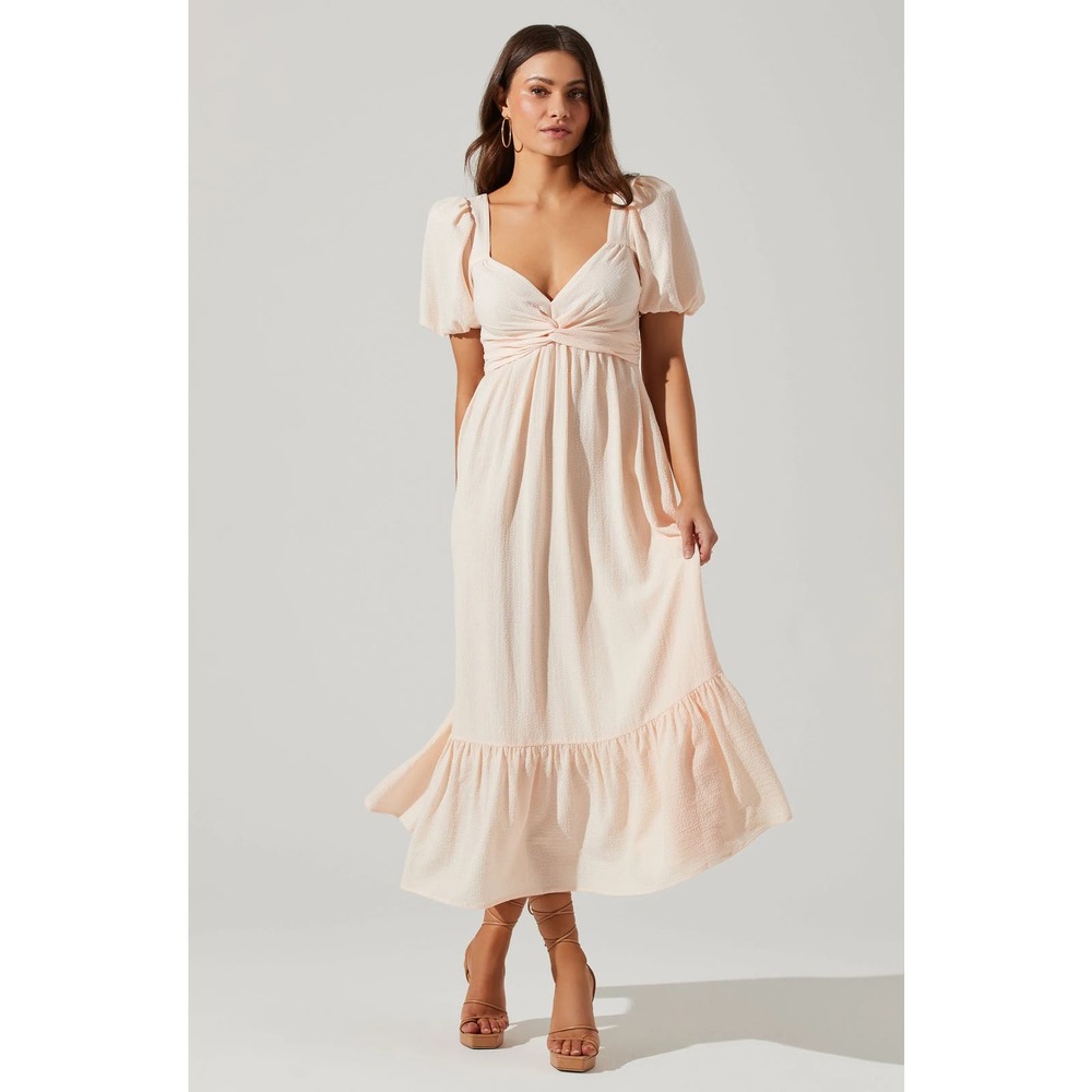 ASTR Twist Bust Tie Back Ruffle Crepe Midi Cream Open Back Dress